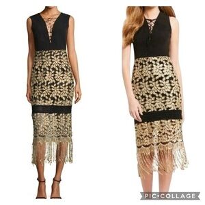 Belle Badgley Mischka Willa Dress Midi Fringe Gold Black 2 Cocktail Evening
